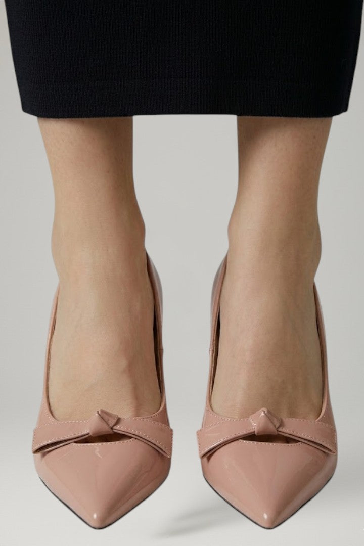 Women's Leather Pumps with Bow Detail and Flared Heel