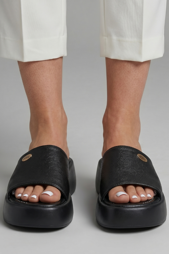 Women's Leather Slippers with Open Toe and Platform Sole