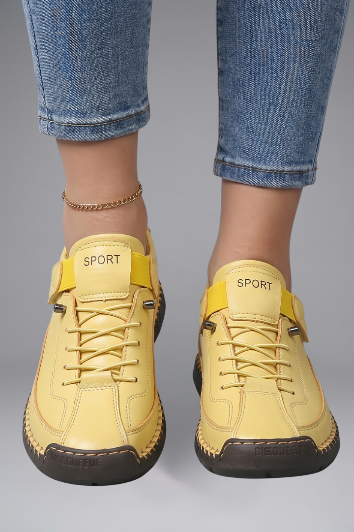 Women's Leather Trainers with Elastic Panels and EVA Sole