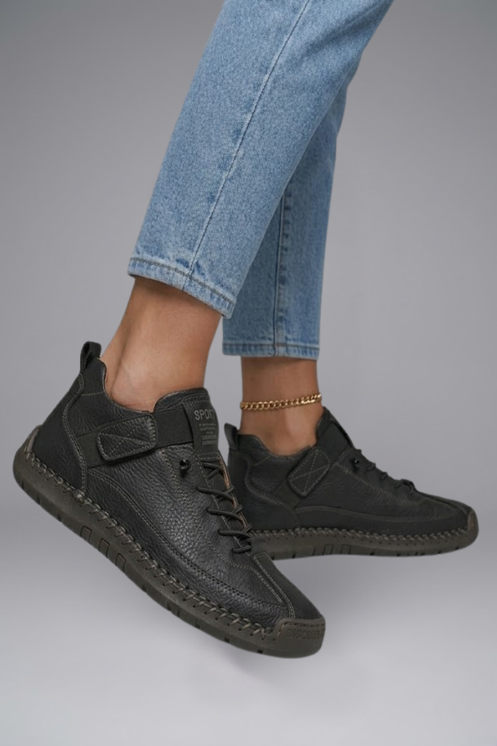 Women's Leather Trainers with Elastic Panels and EVA Sole