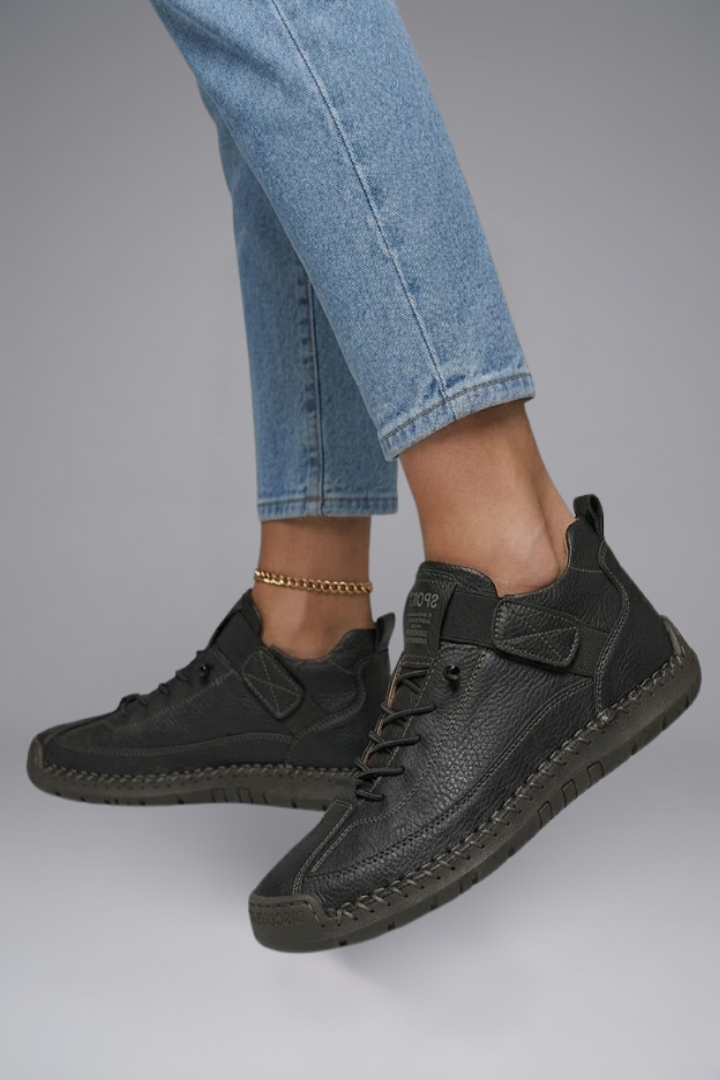Women's Leather Trainers with Elastic Panels and EVA Sole