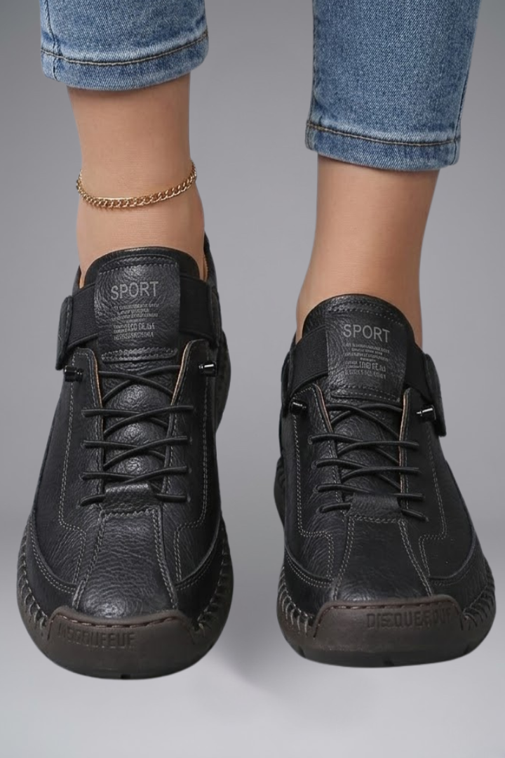 Women's Leather Trainers with Elastic Panels and EVA Sole