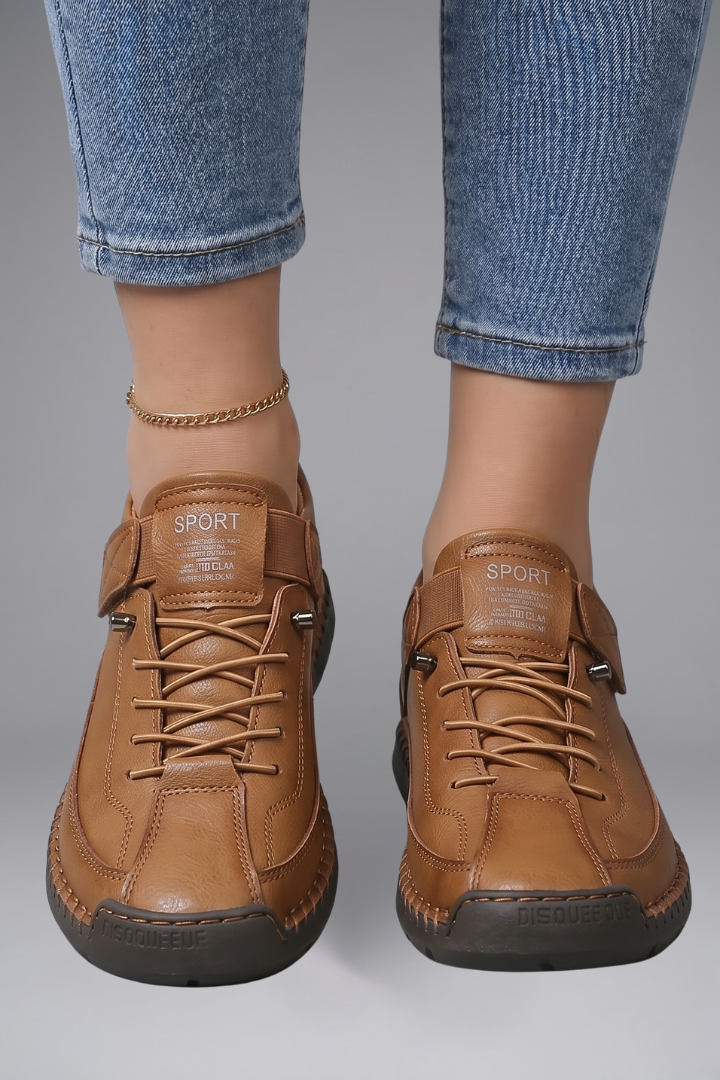 Women's Leather Trainers with Elastic Panels and EVA Sole