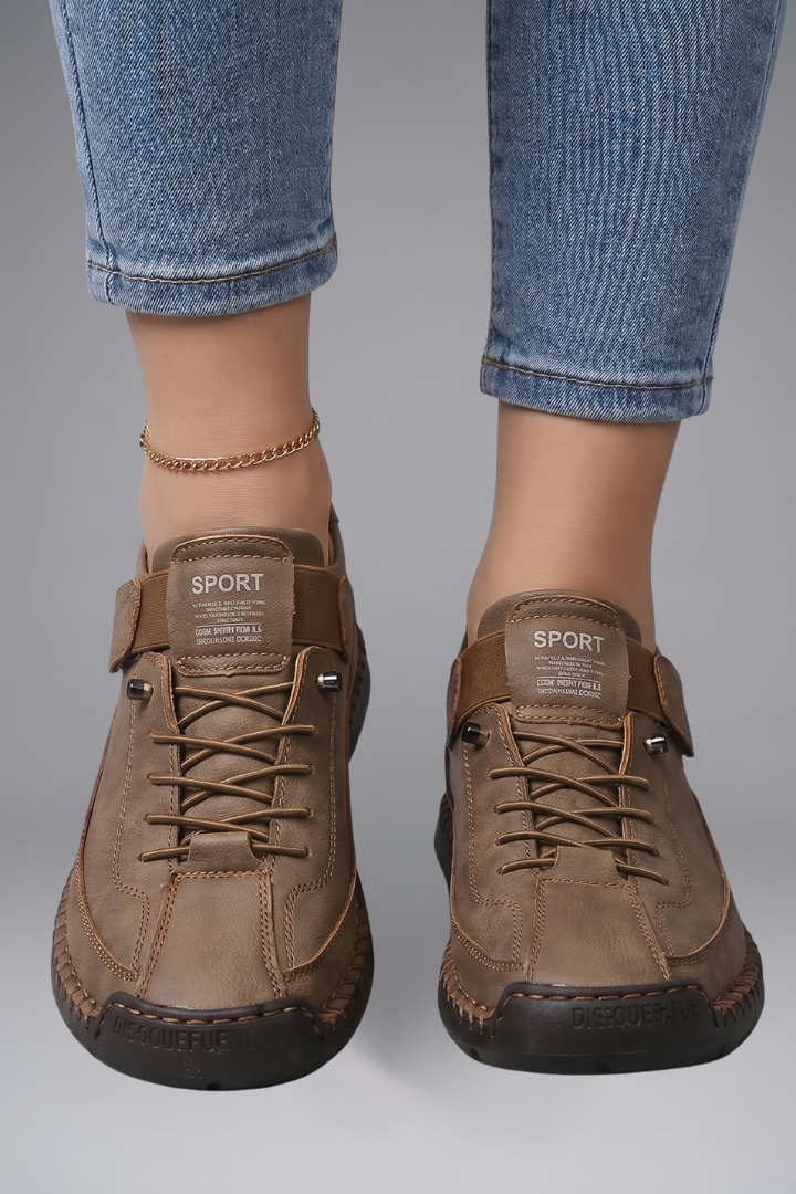 Women's Leather Trainers with Elastic Panels and EVA Sole