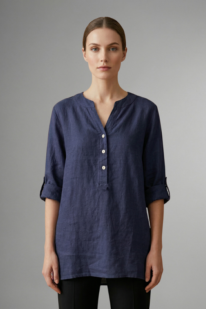 Women’s Linen Blouse with Button Closure and Roll Sleeves