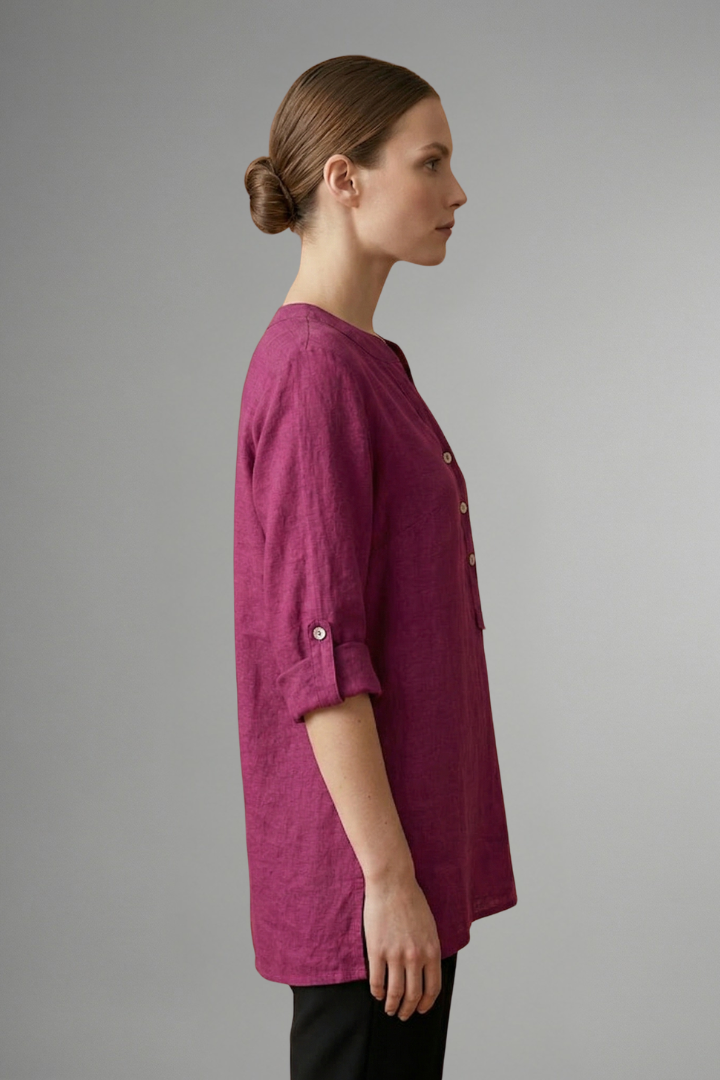 Women’s Linen Blouse with Button Closure and Roll Sleeves