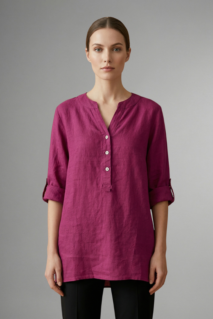 Women’s Linen Blouse with Button Closure and Roll Sleeves