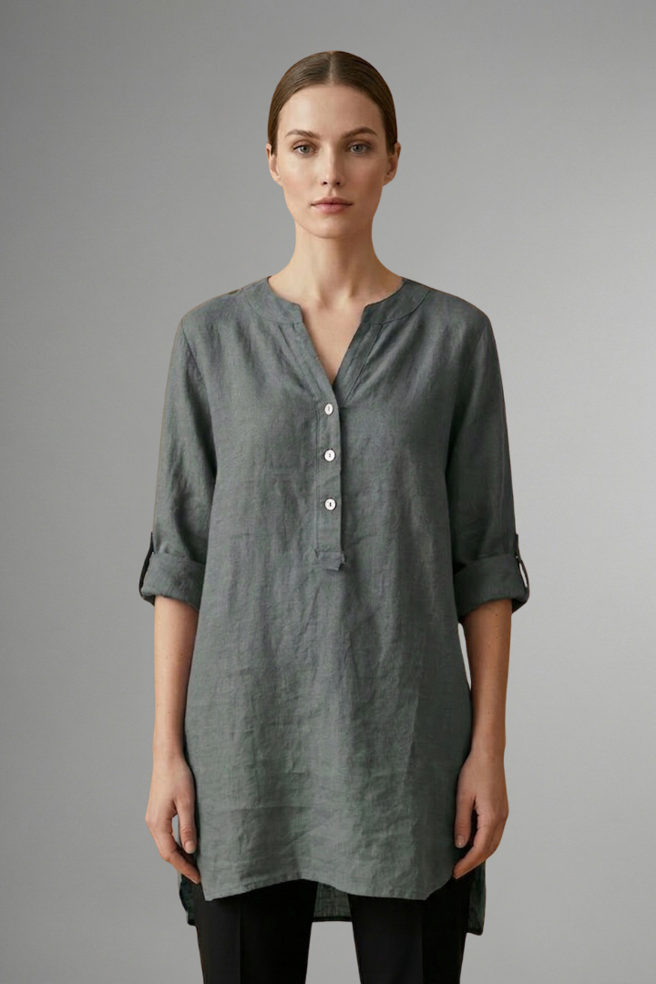 Women’s Linen Blouse with Button Closure and Roll Sleeves