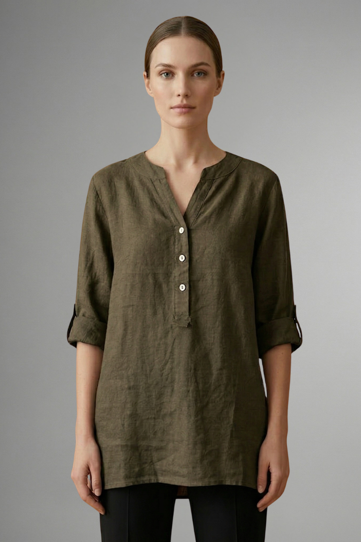 Women’s Linen Blouse with Button Closure and Roll Sleeves