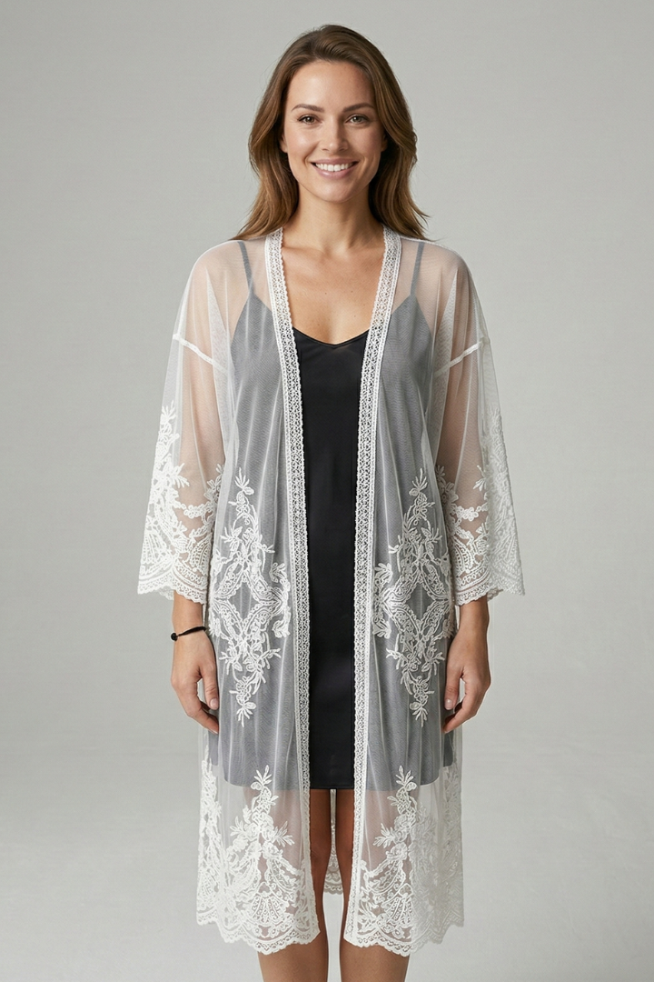 Women’s Long Cardigan with Open Front and Lace Trim