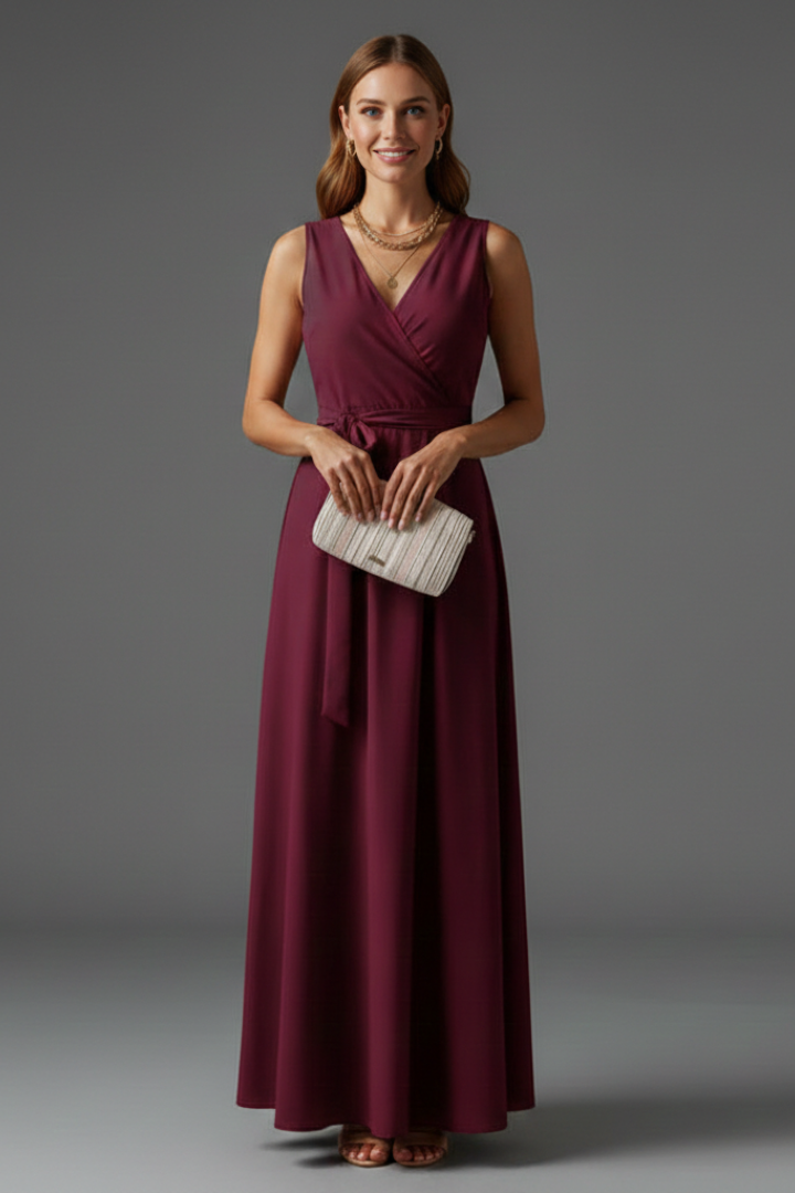 Women’s Long Dress with V-Neck and Sleeveless Cut
