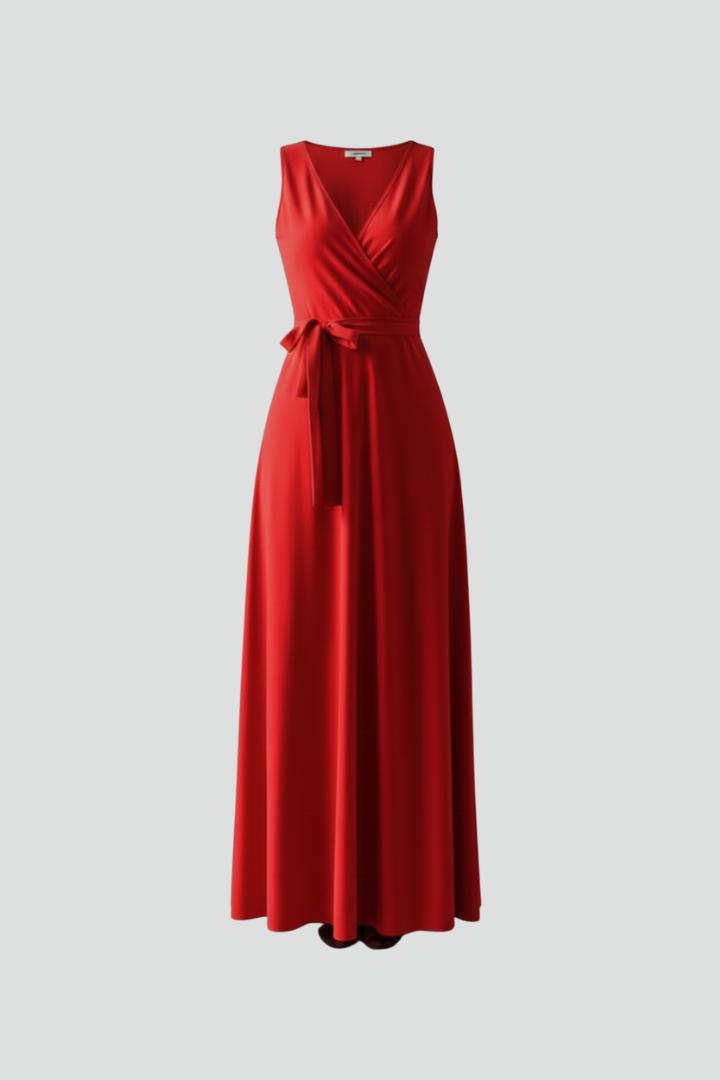 long v neck dress Women's long dress with V-neck, sleeveless cut, waist tie and floor-length  hem