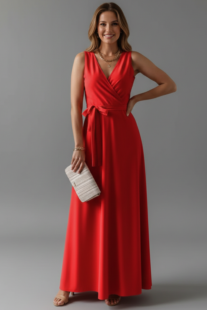 Women’s Long Dress with V-Neck and Sleeveless Cut