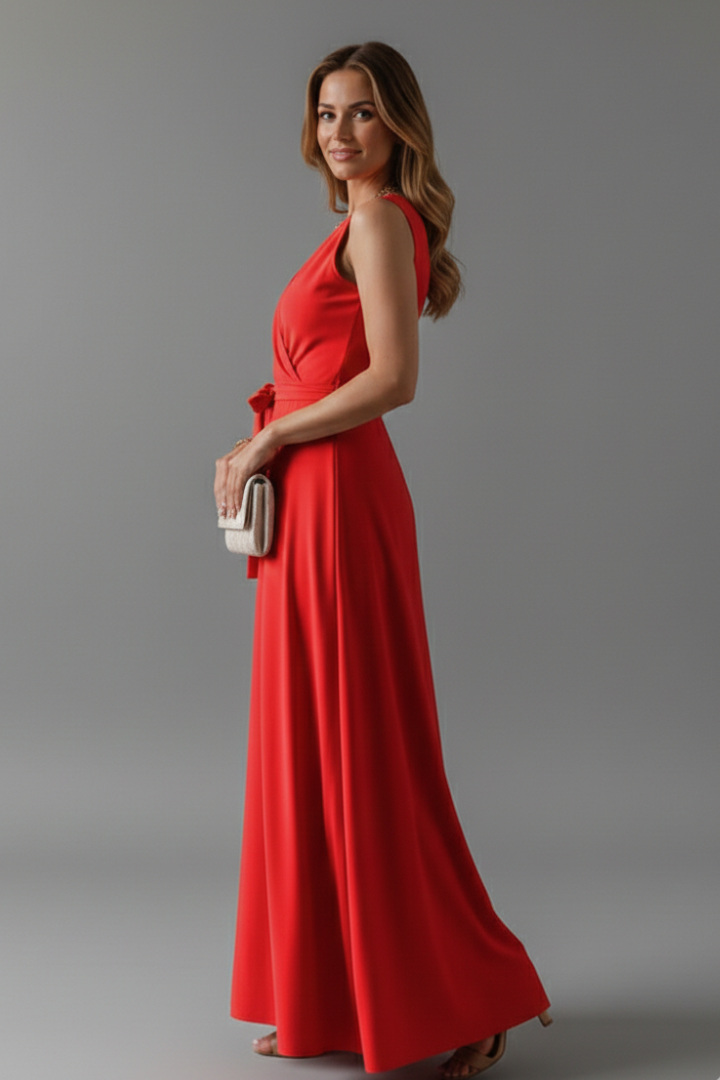 Women’s Long Dress with V-Neck and Sleeveless Cut
