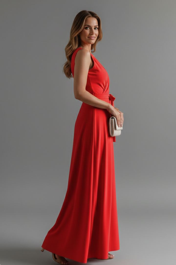 Women’s Long Dress with V-Neck and Sleeveless Cut
