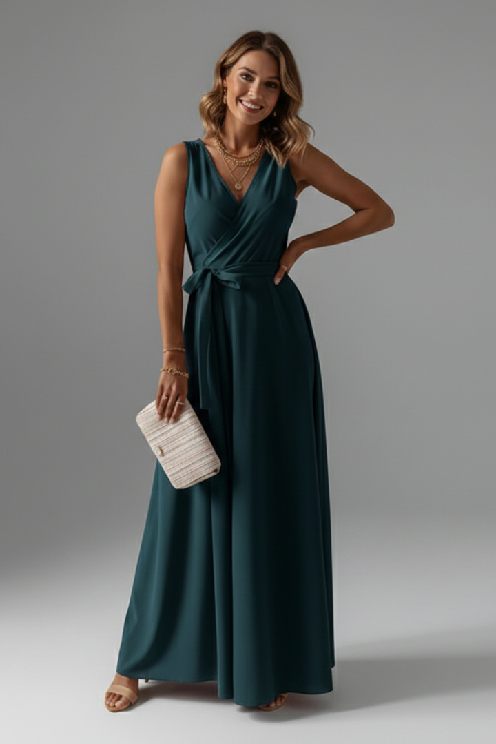 Women’s Long Dress with V-Neck and Sleeveless Cut