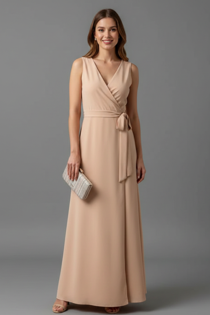 Women’s Long Dress with V-Neck and Sleeveless Cut