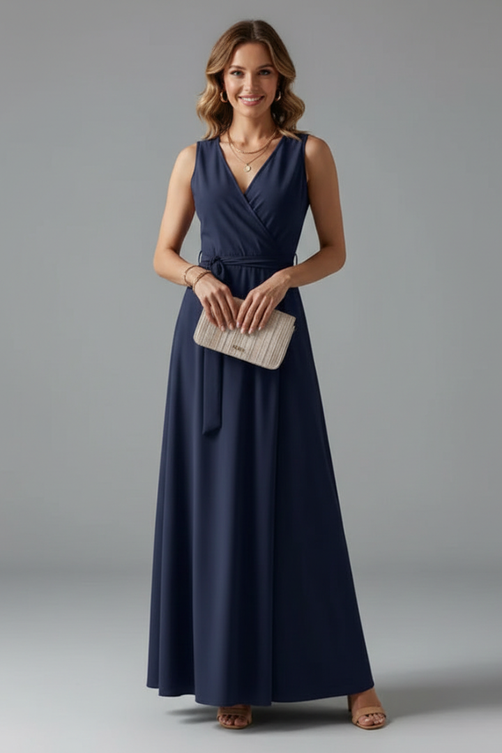 Women’s Long Dress with V-Neck and Sleeveless Cut