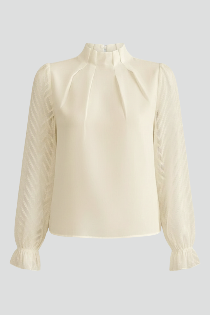 Women's Long Sleeve Top with Pleated Neckline and Textured Sleeves