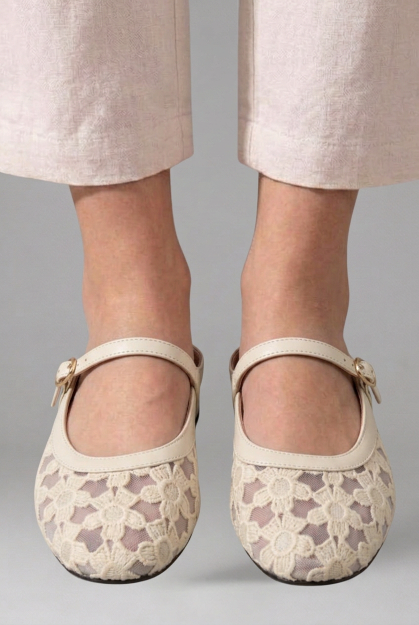 Women's Mary Jane Flats with Floral Lace Mesh Upper