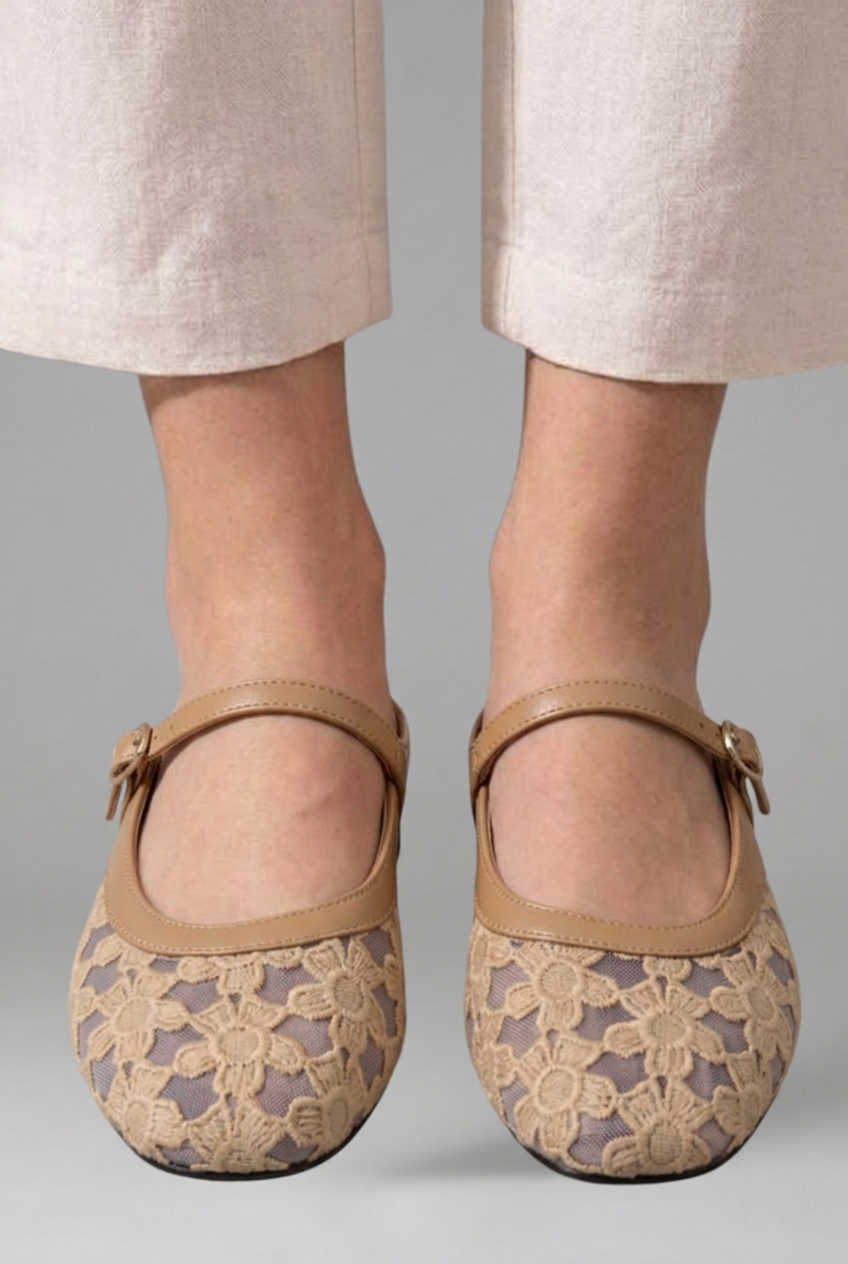Women's Mary Jane Flats with Floral Lace Mesh Upper