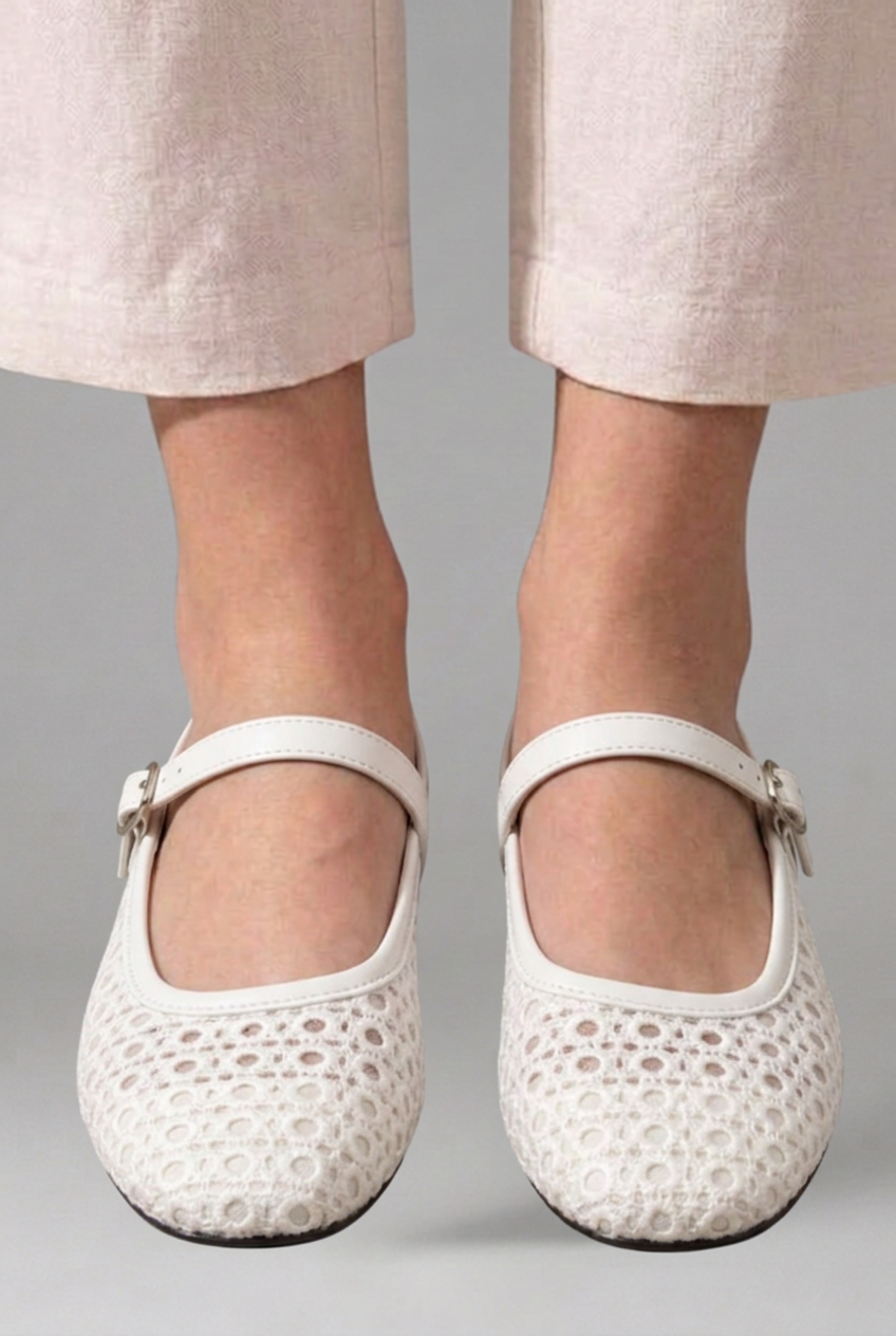 Women's Mary Jane Flats with Woven Crochet Floral Upper