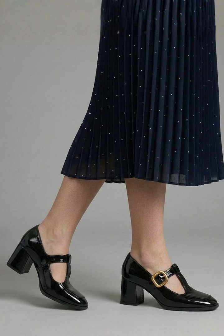 Women's Mary Jane Heels with Gold Buckle for Office Wear