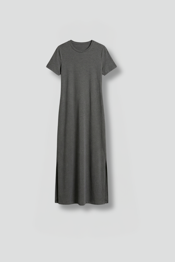 maxi dress round neck Women's Maxi Dress - Round Neckline - Short Sleeves - Flowing Skirt