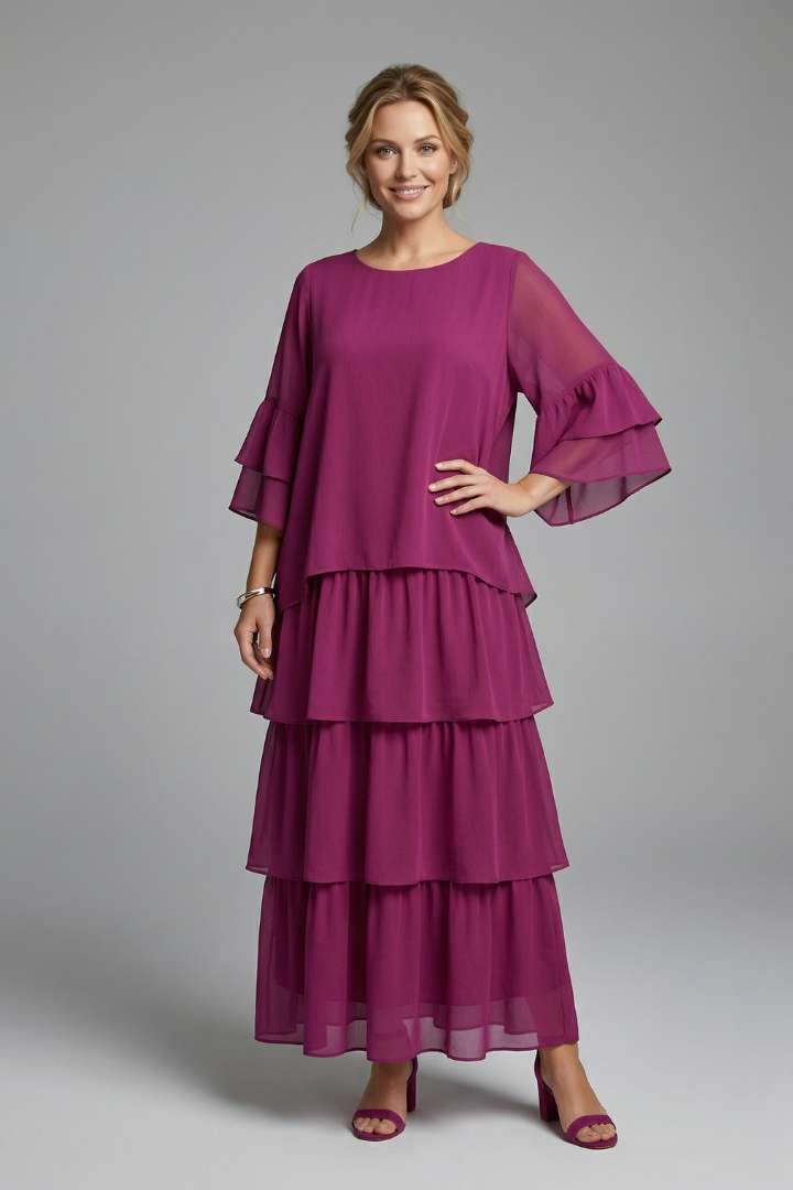 Women’s Maxi Dress with Round Neck and Layered Skirt