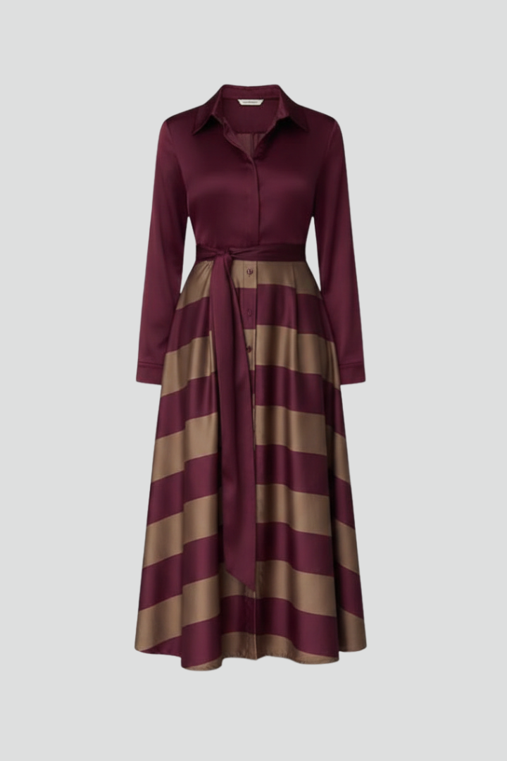 maxi dress with collar and sleeves Women's maxi dress with shirt collar, long sleeves, waist belt and striped  surface