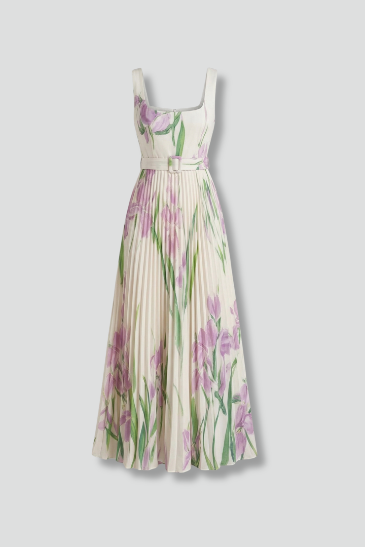 Women’s Maxi Dress with Square Neck and Pleated Skirt