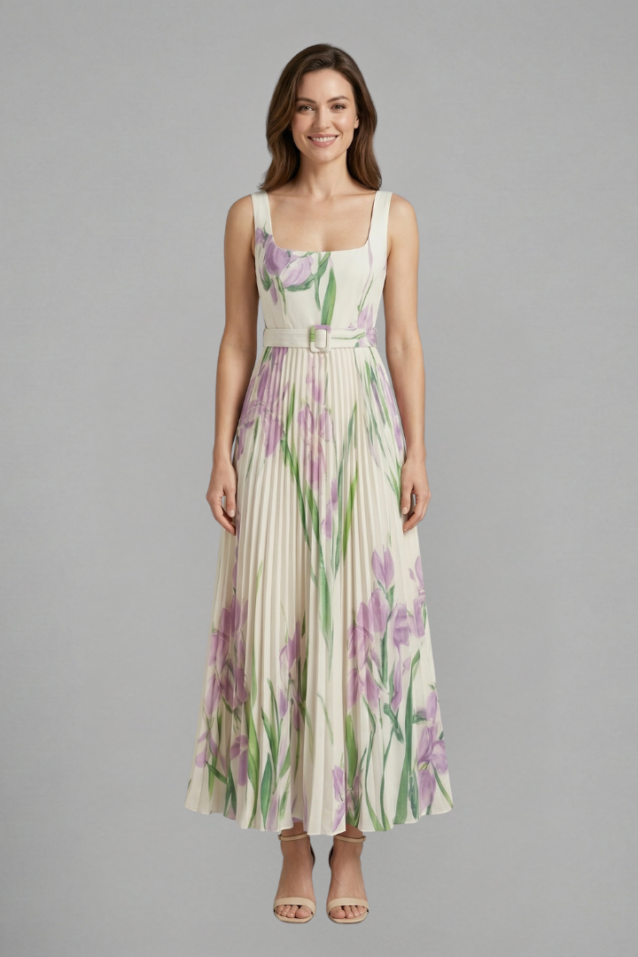 Women’s Maxi Dress with Square Neck and Pleated Skirt