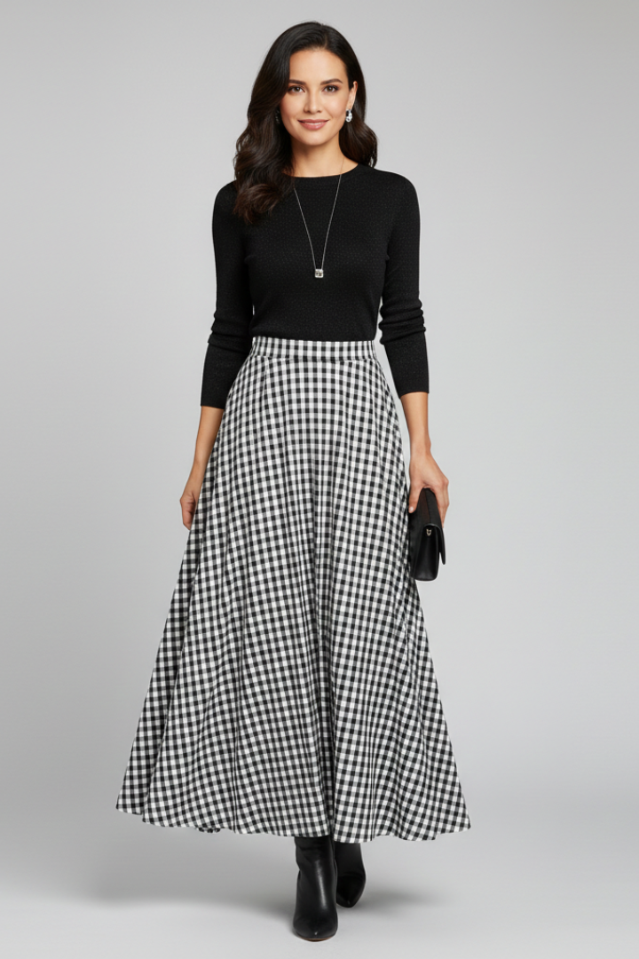 Women’s Maxi Skirt with High Waist and Check Pattern