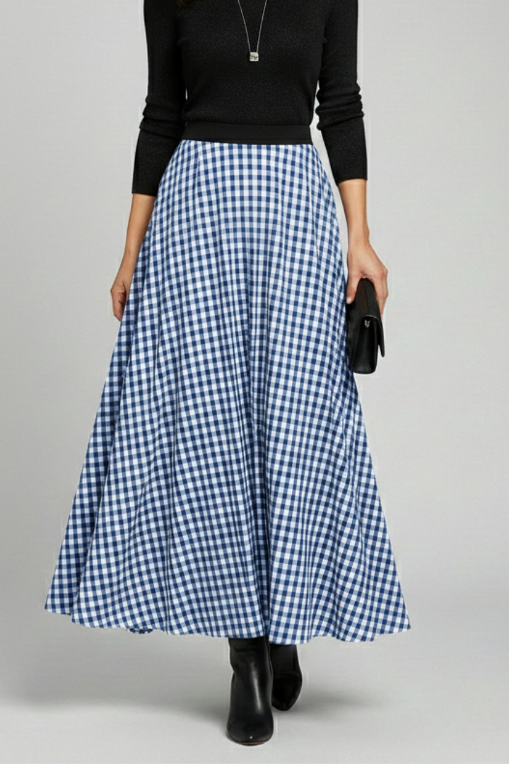 Women’s Maxi Skirt with High Waist and Check Pattern