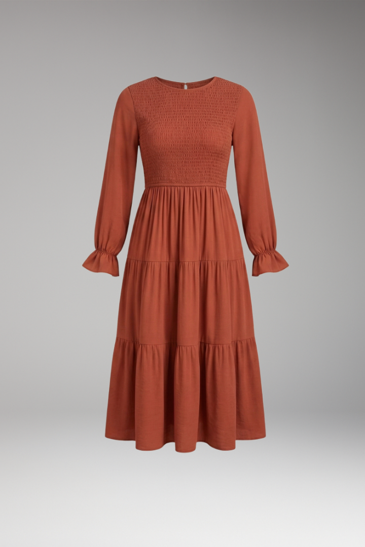 Women’s Midi Dress with Round Neck and Tiered Skirt