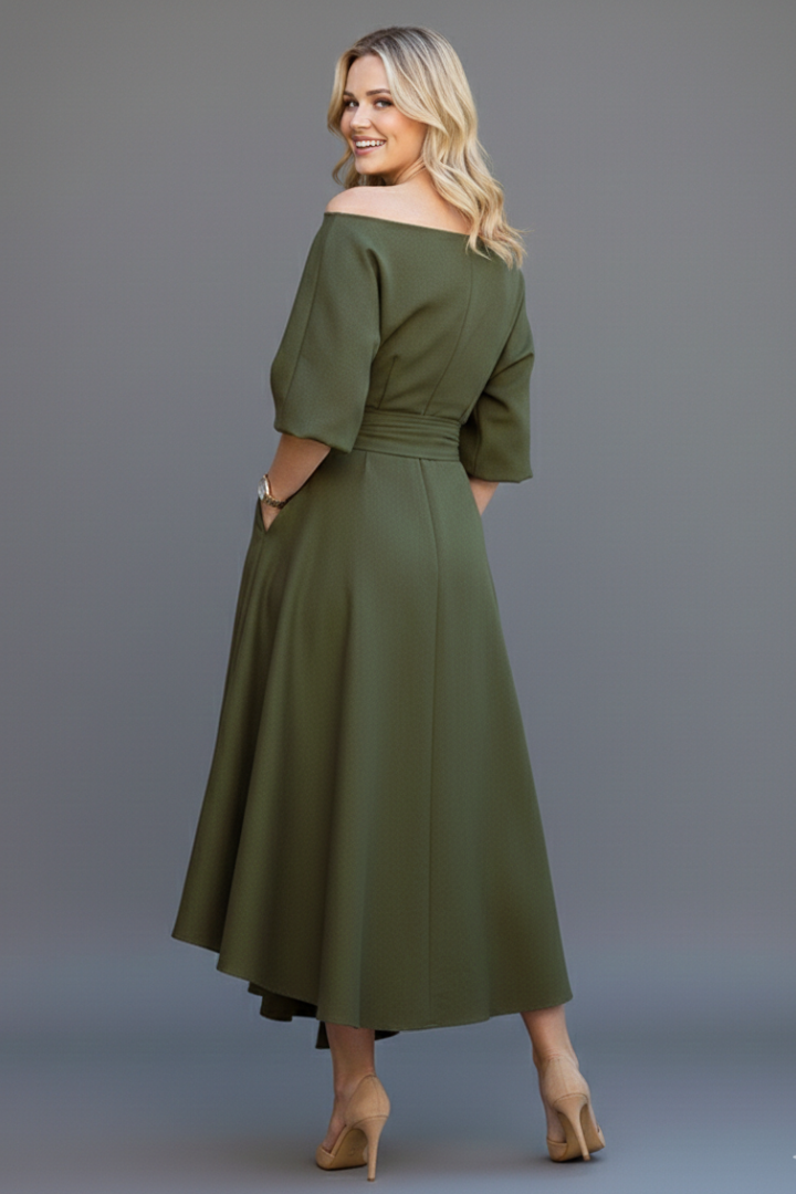 Women’s Midi Dress with Off-Shoulder Neckline and Lantern Sleeves