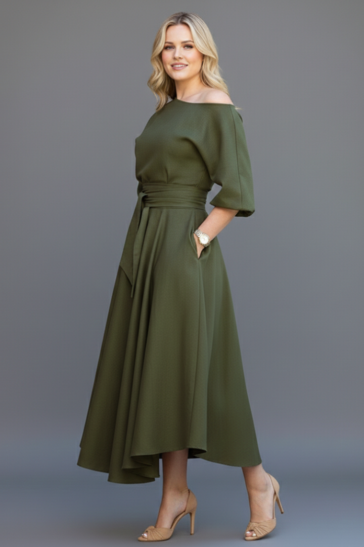 Women’s Midi Dress with Off-Shoulder Neckline and Lantern Sleeves