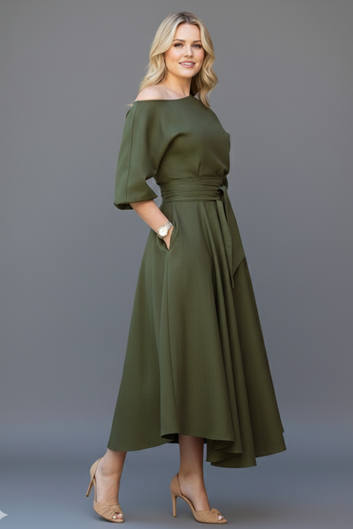Women’s Midi Dress with Off-Shoulder Neckline and Lantern Sleeves