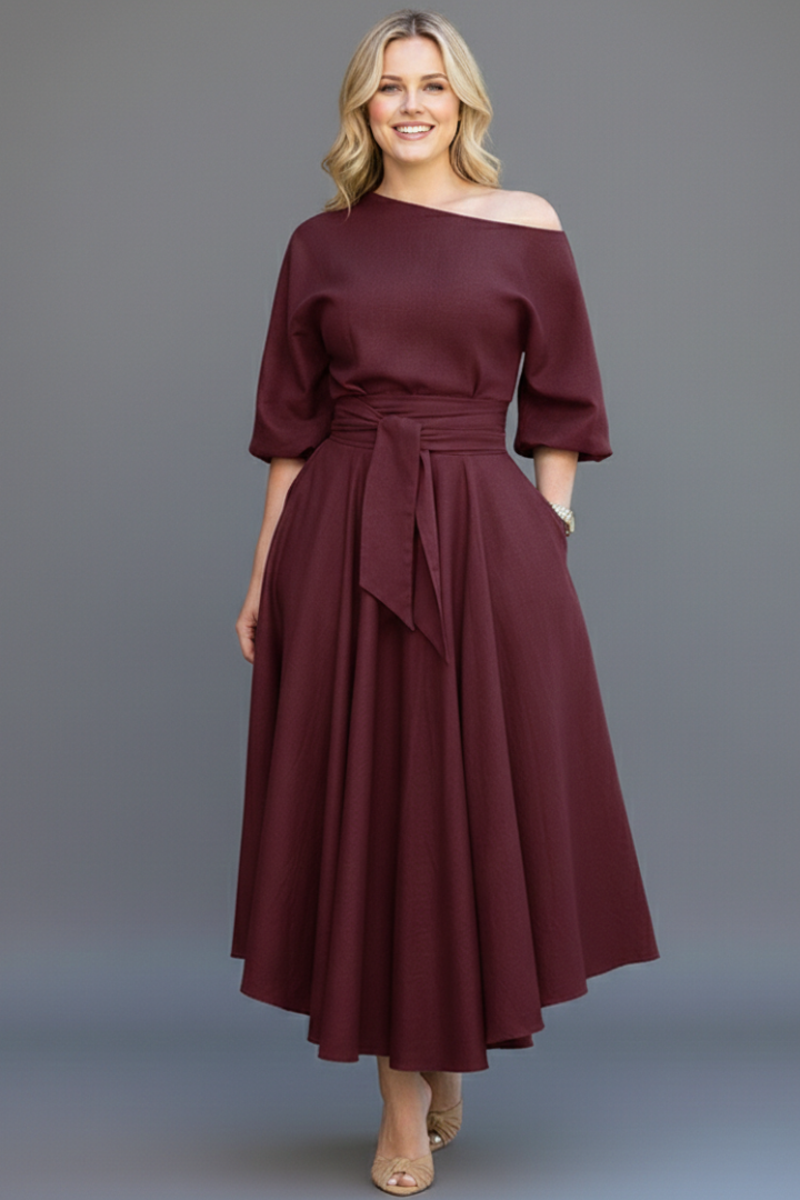 Women’s Midi Dress with Off-Shoulder Neckline and Lantern Sleeves