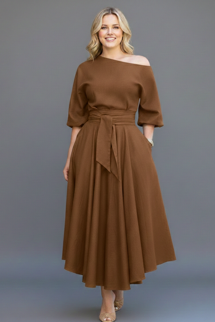Women’s Midi Dress with Off-Shoulder Neckline and Lantern Sleeves
