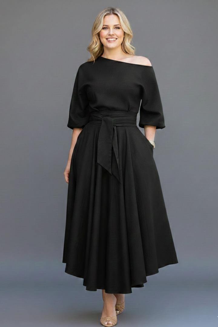 Women’s Midi Dress with Off-Shoulder Neckline and Lantern Sleeves