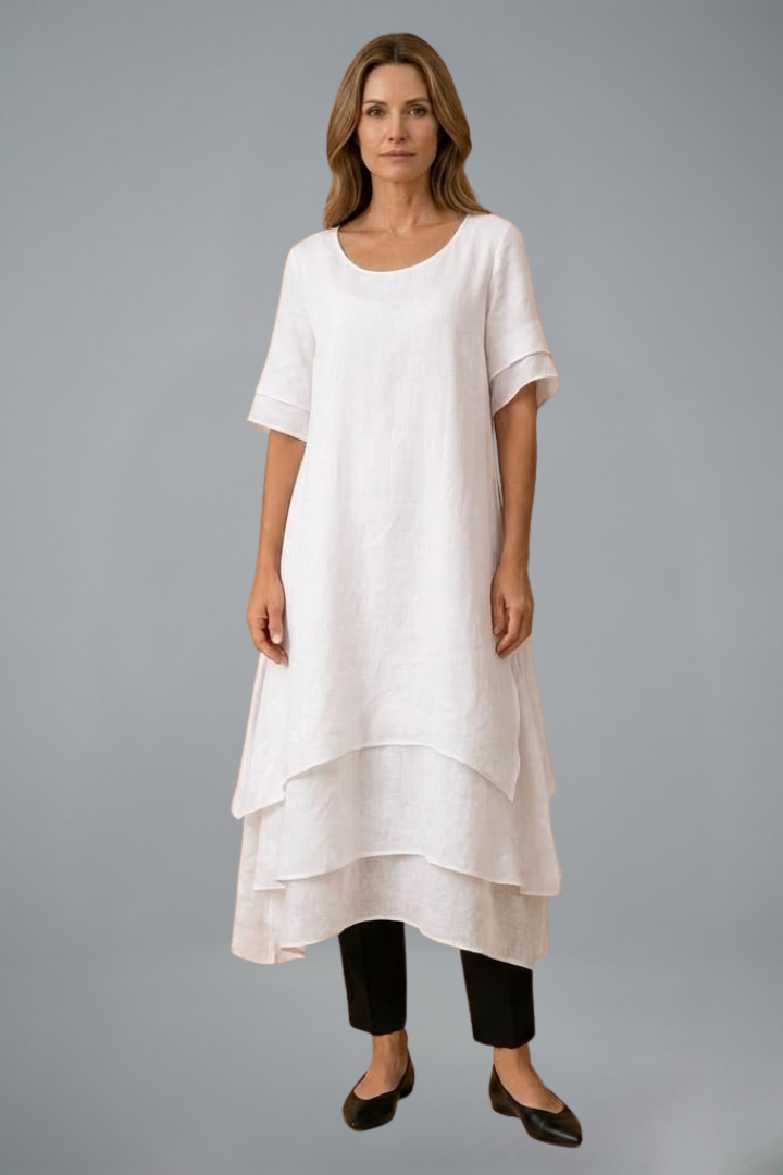 Women’s Midi Dress with Open Neckline and Flowing Skirt