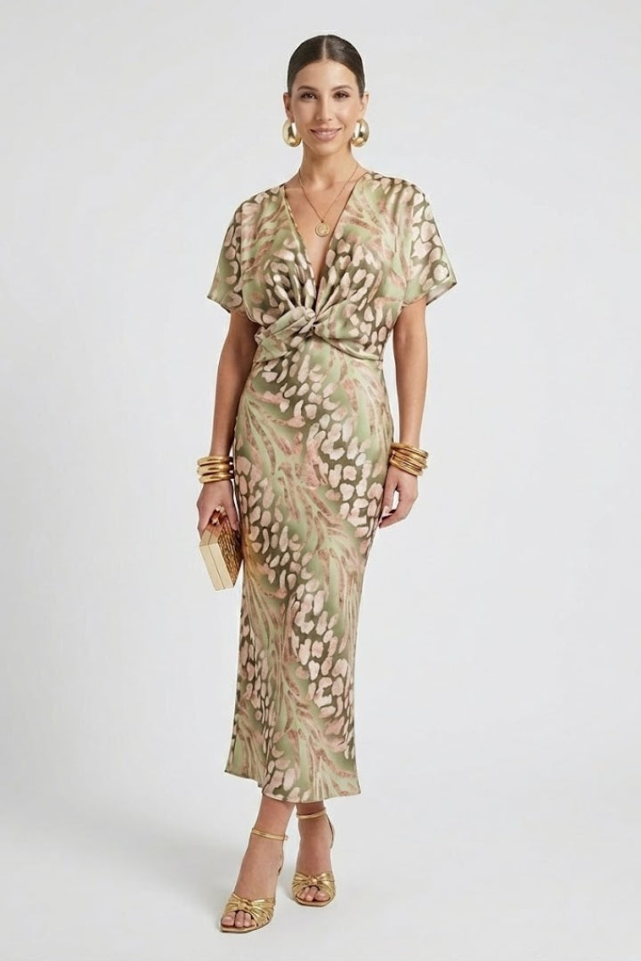 Women’s Midi Dress with Pleated Skirt and Floral Print