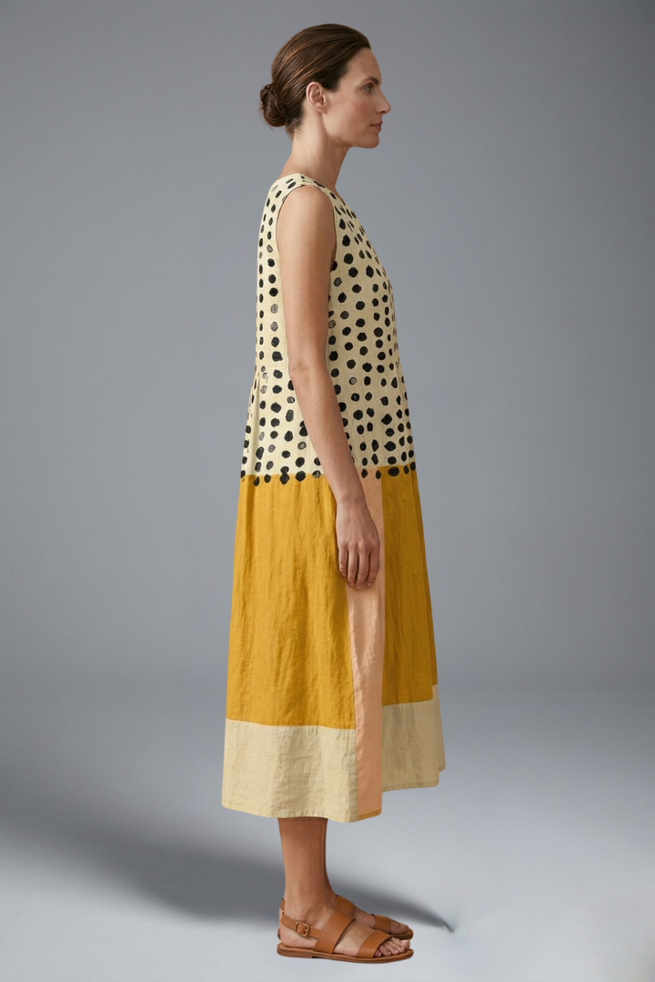 Women’s Midi Dress with Polka Pattern and Colourblock Design