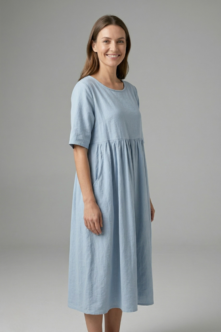 Women’s Midi Dress with Round Neck and Short Sleeves
