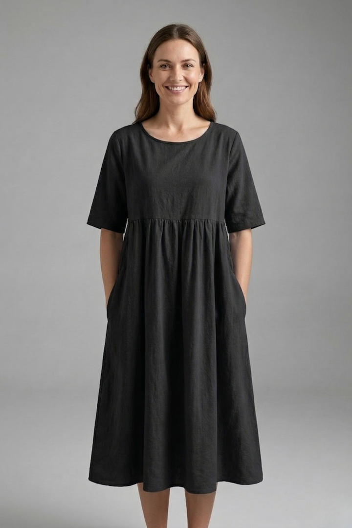 Women’s Midi Dress with Round Neck and Short Sleeves