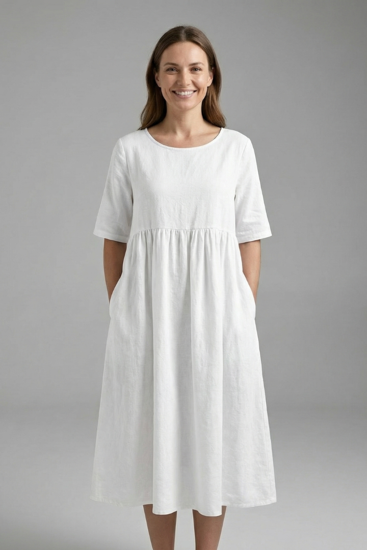 Women’s Midi Dress with Round Neck and Short Sleeves