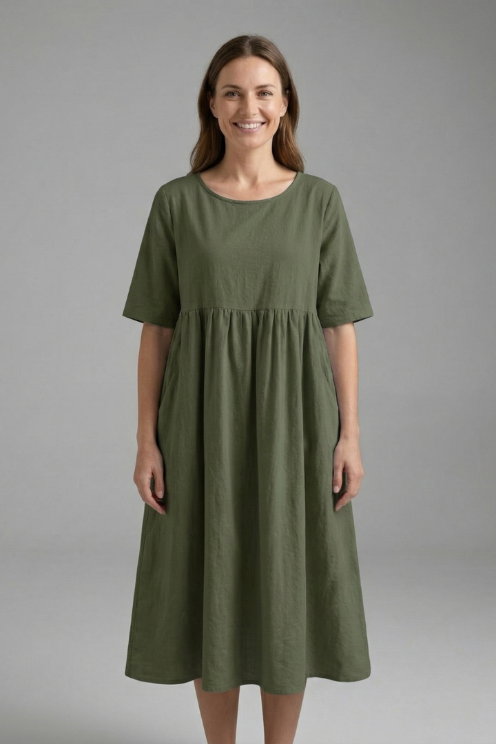 Women’s Midi Dress with Round Neck and Short Sleeves