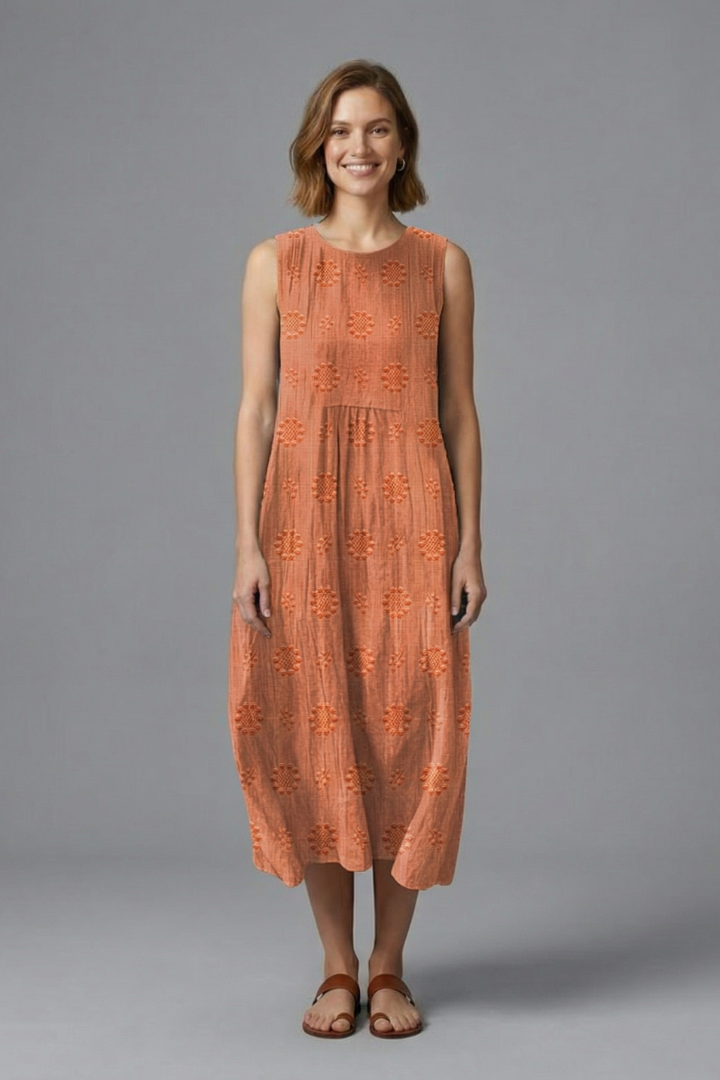 Women’s Midi Dress with Round Neck and Sleeveless Design