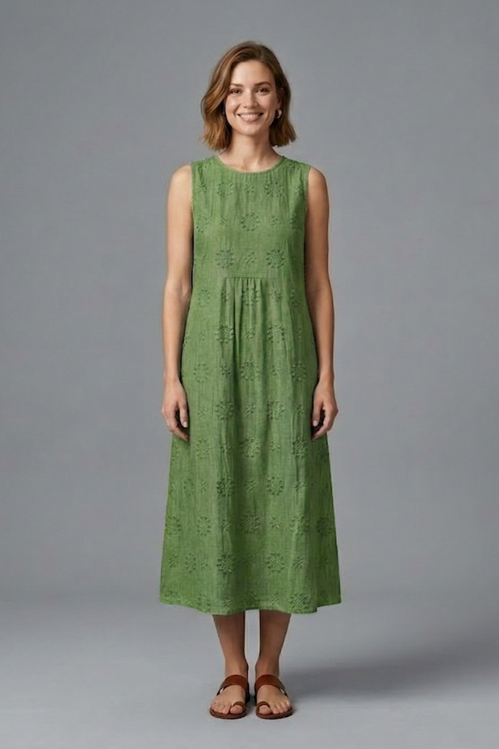 Women’s Midi Dress with Round Neck and Sleeveless Design